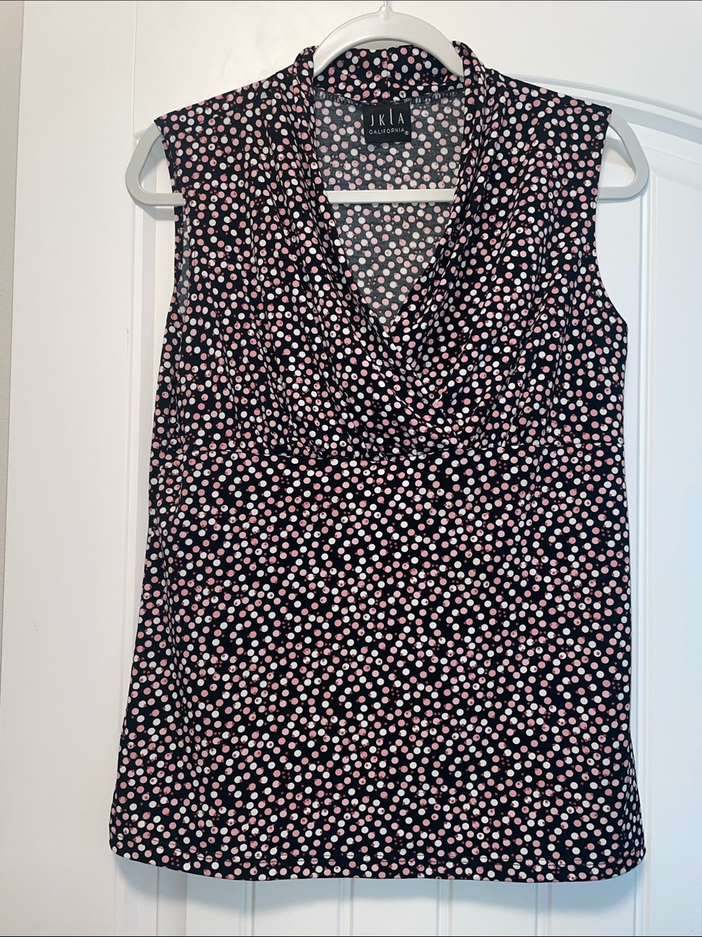 JKLA California Deep V Sleeveless Polka Dot Blouse  Pink Black White  Medium
